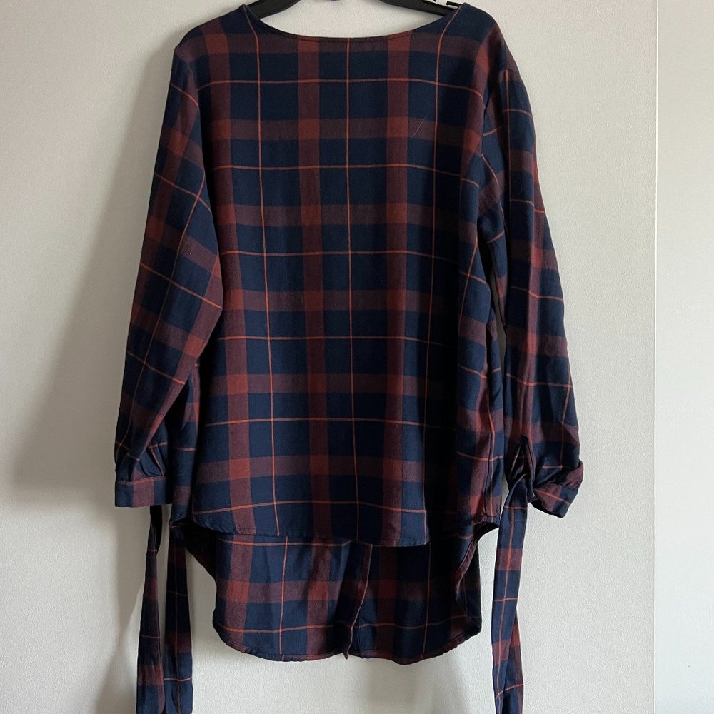 Designers Society - Plaid Asymmetrical Blouse with Tie Sleeves - M